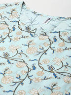 Yufta Women Blue & White Floral Printed Pure Cotton Kurta with Trouser & Dupatta