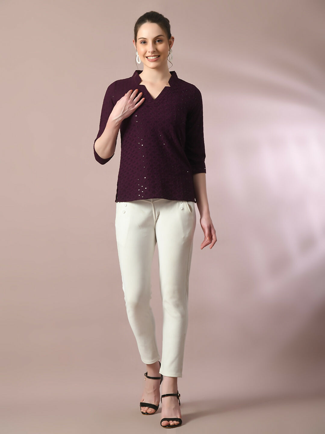 Myshka Women's Violet Embellished Cotton Regular Party Tunic