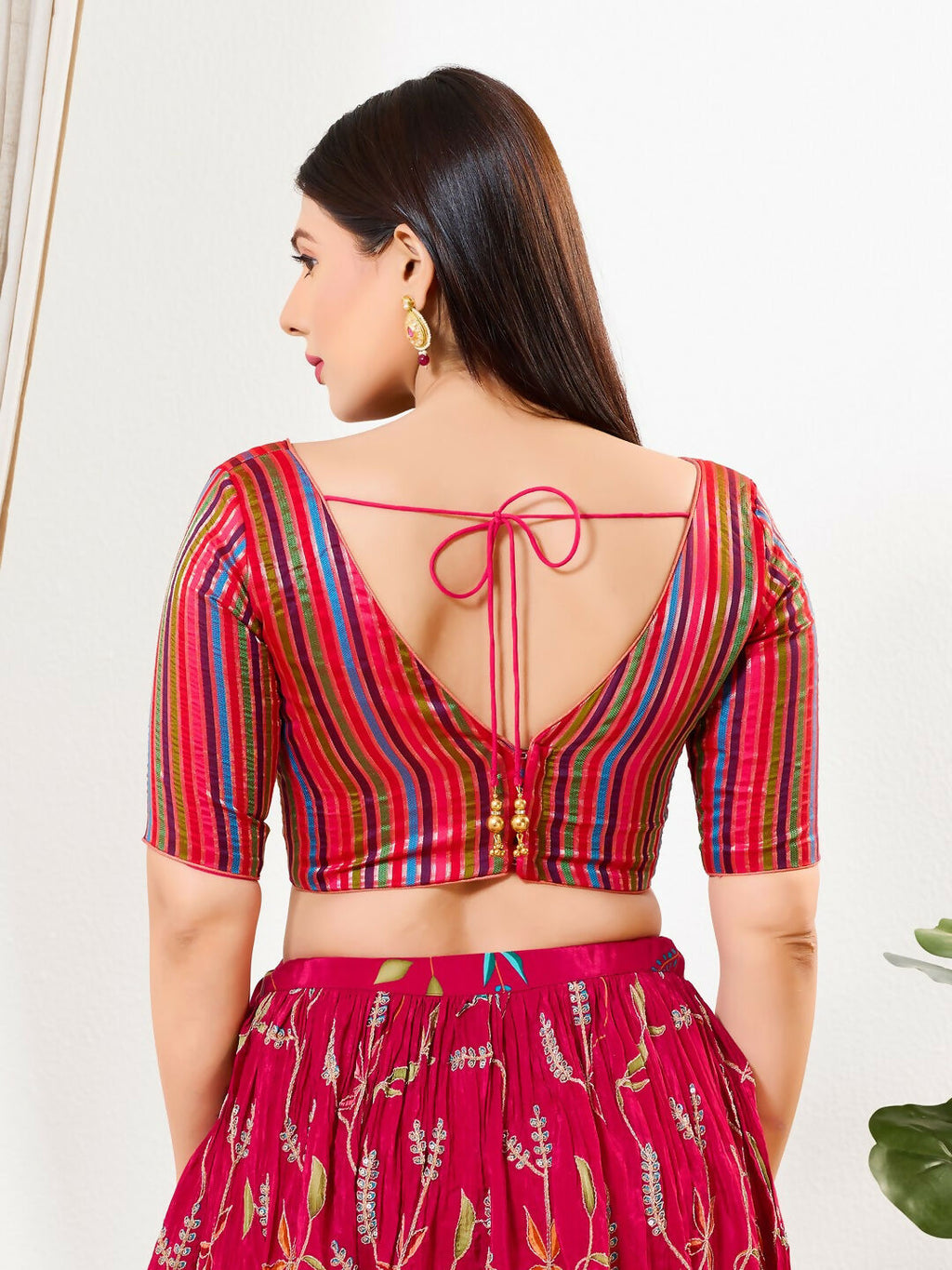 Joban Fashion Pink Multi Brocade Padded Blouse With V Neck Elbow Sleeves - Distacart