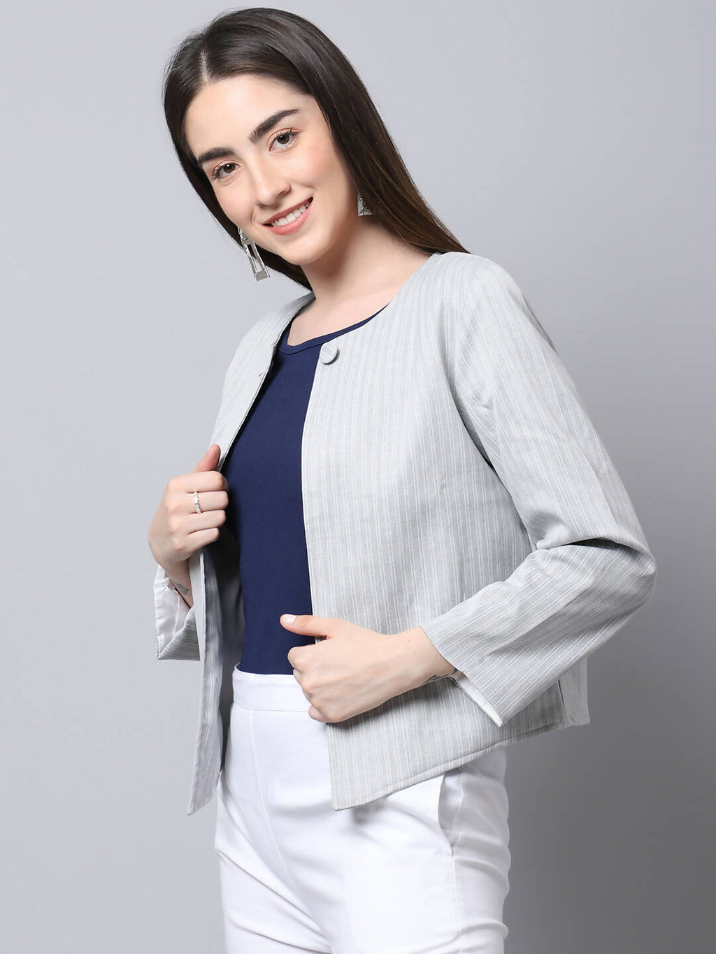 Even Apparels Grey Polywool Open Front Statement Women's Jacket - Distacart