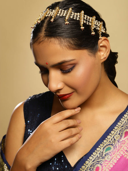 White Gold-Polished Kundan-Studded Beaded Matha Patti - Ruby Raang