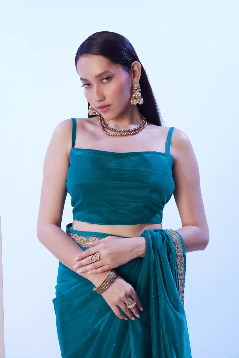 Firozi C/H Net Solid Designer & Lace Work Saree - Samaa