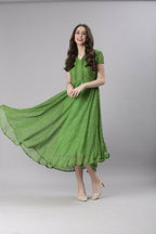 Souchii Green Printed Midi Dress – Flowy Fit & Flare