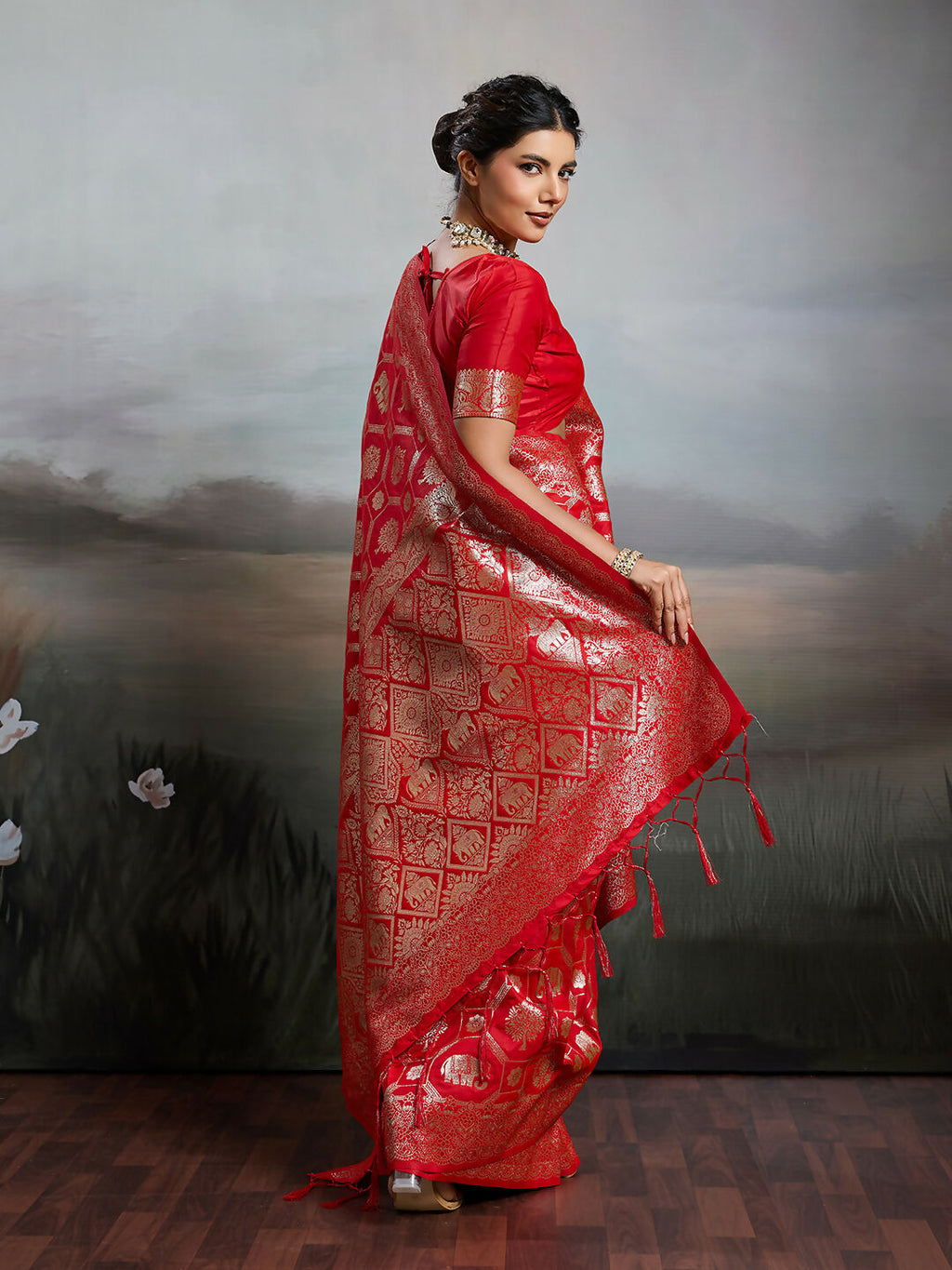 Shree Shyam Fashion Red Silk Blend Saree - Distacart