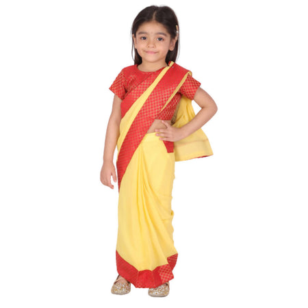 Little Bansi Girls Red and Yellow Color Saree with Floral Brocade Blouse