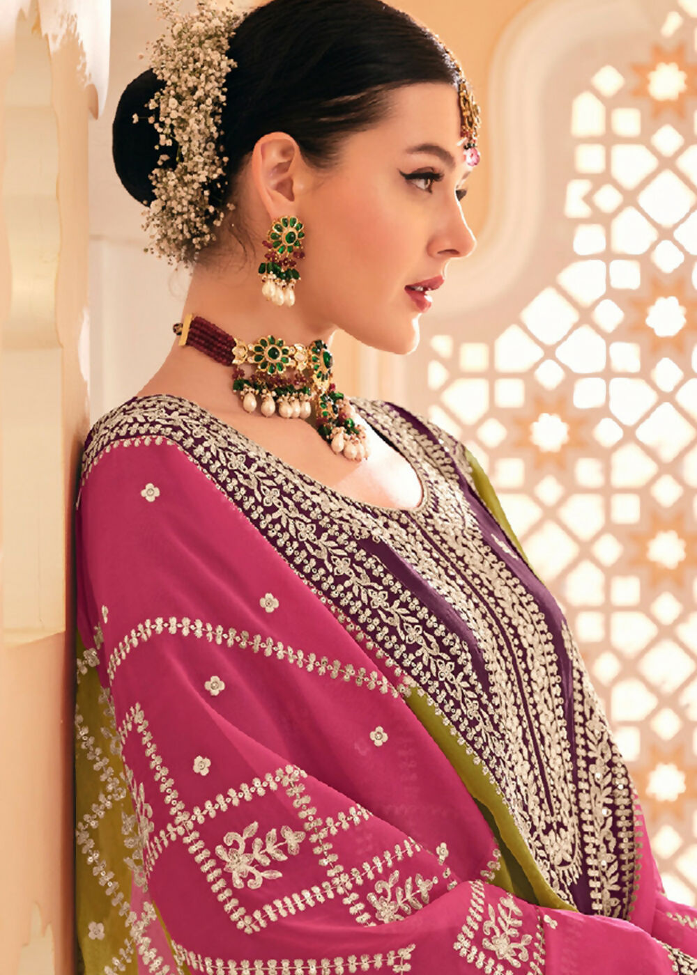 Dazzling Wine Embroidered Chinnon Palazzo Salwar Kurta - Emponline