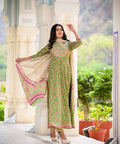 Yufta Women Green Floral Printed Pure Cotton Anarkali Kurta with Trouser and Dupatta