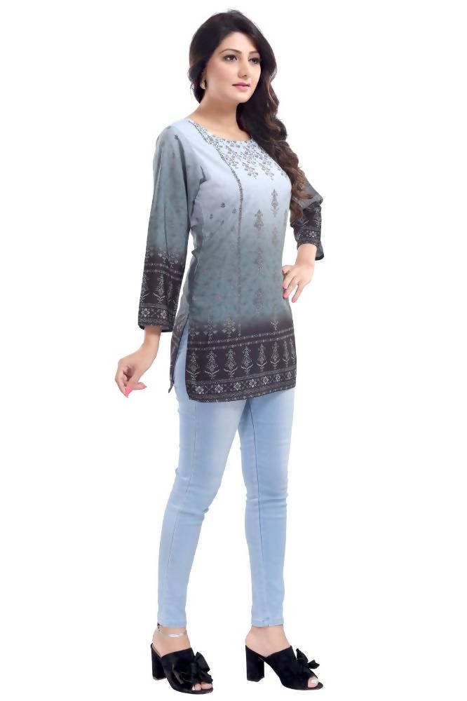 Snehal Creations Gray Color Faux Crepe Printed Short Kurti Tunic