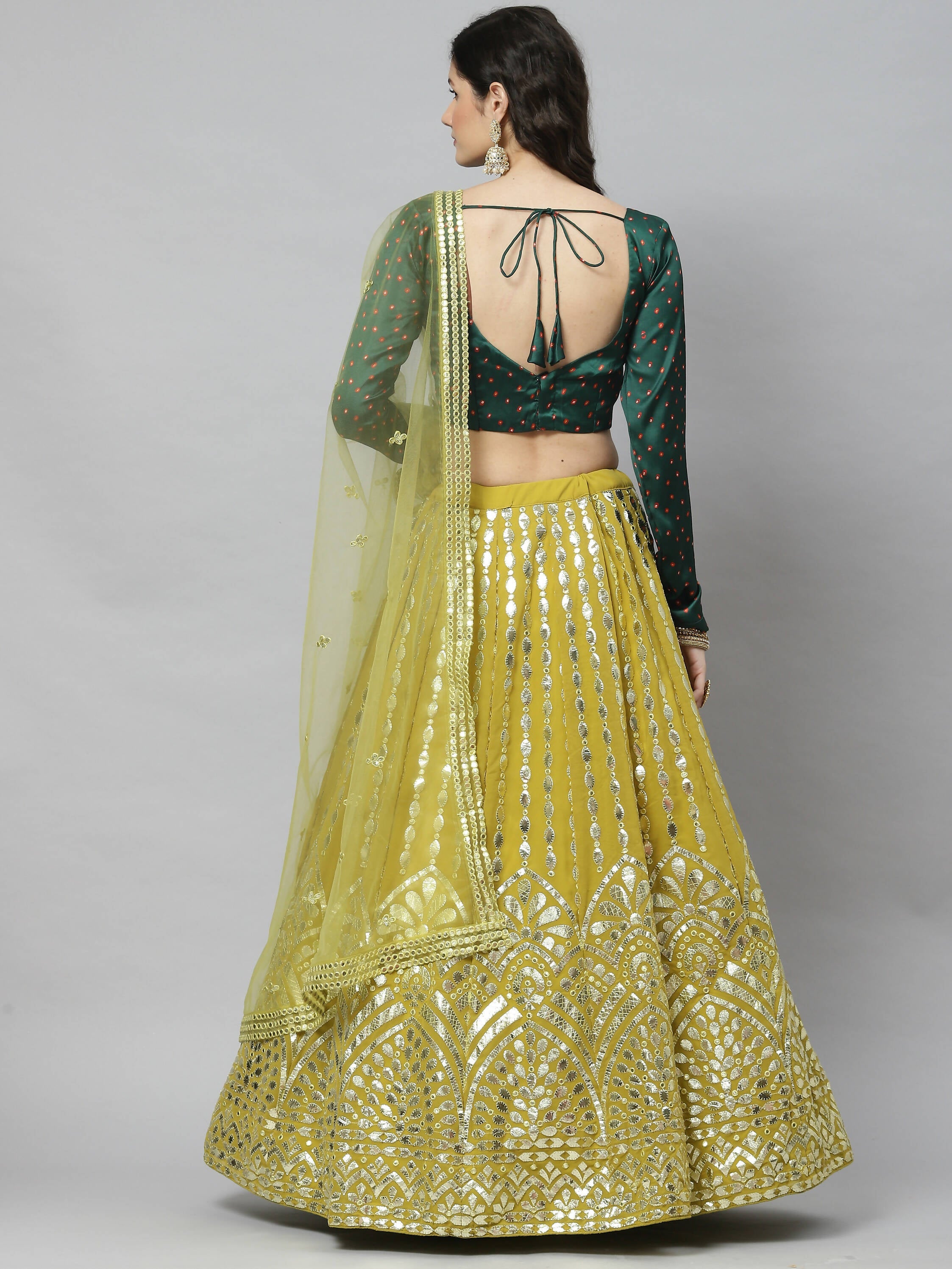Fluorescent green Georgette Paper Mirror Embroidery Work Lehenga Choli with Dupatta - Jivika