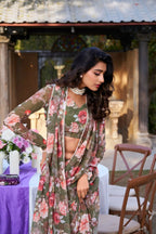 Vastranavya Mehendi Weightless Marble Printed & Pearl Lace Border Saree with Unstitched Blouse