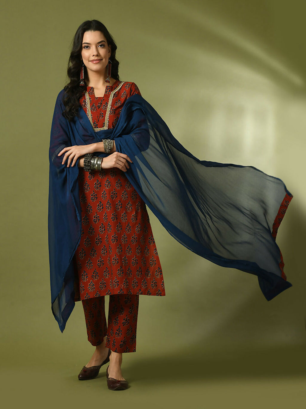 Myshka Women's Rust Printed Cotton Straight Party Kurta Set With Dupatta