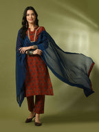 Myshka Women's Rust Printed Cotton Straight Party Kurta Set With Dupatta