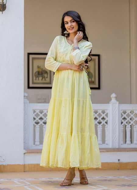 Kaajh Women's Yellow Embroidered Ethnic Dress