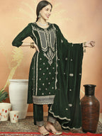 Jyoti Fashion Women's Green Velvet Cording with Resham Thread & Sequin Kurta with Trouser & Dupatta