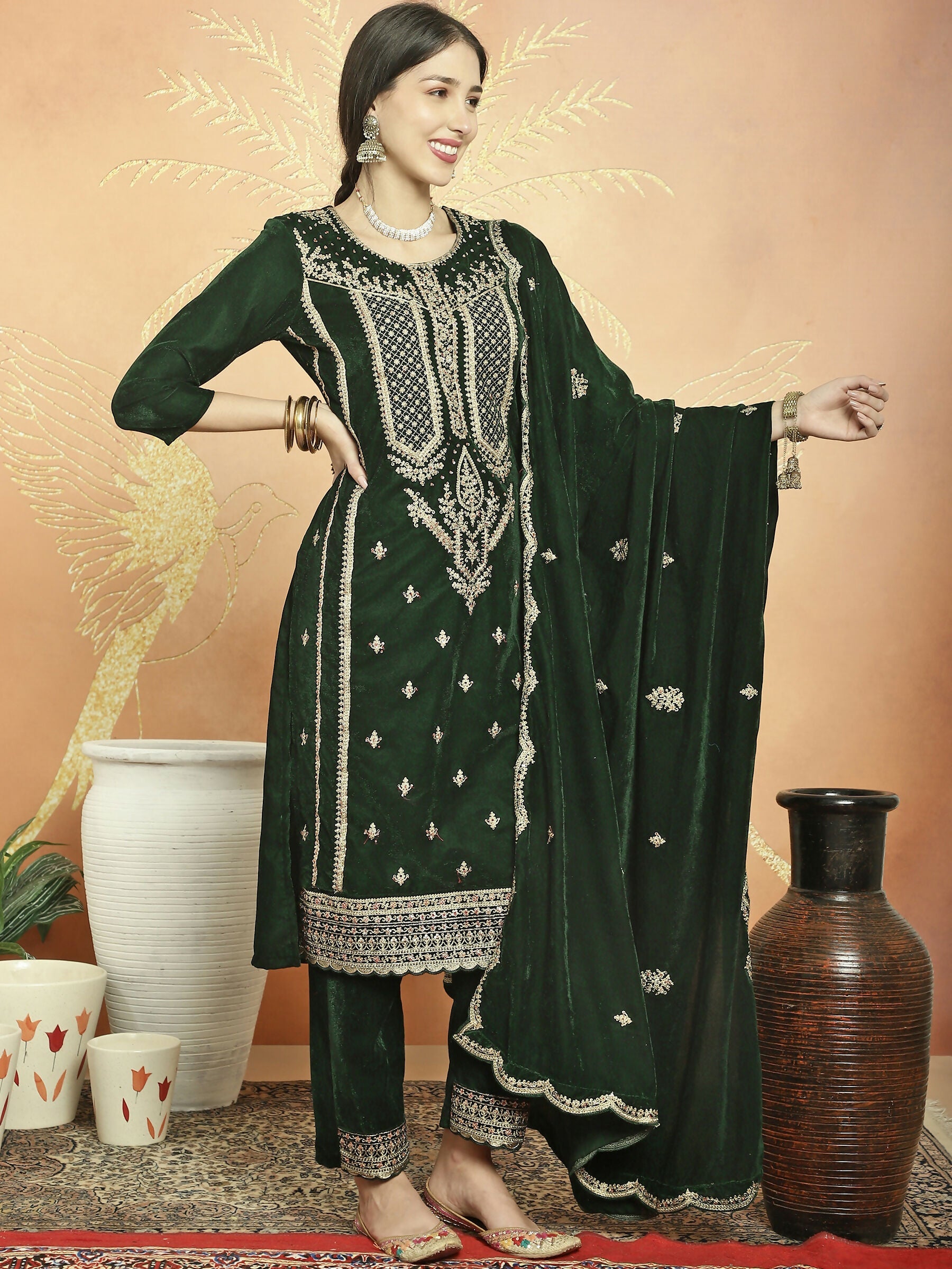 Jyoti Fashion Women's Green Velvet Cording with Resham Thread & Sequin Kurta with Trouser & Dupatta