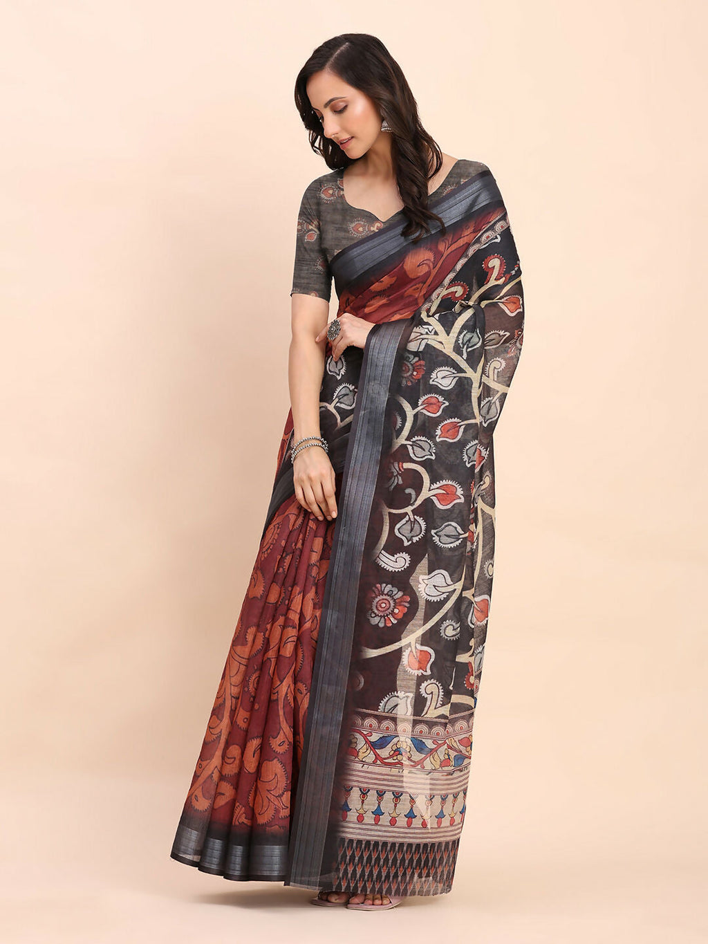 Shree Shyam Fashion Linen Cotton Maroon Saree - Distacart