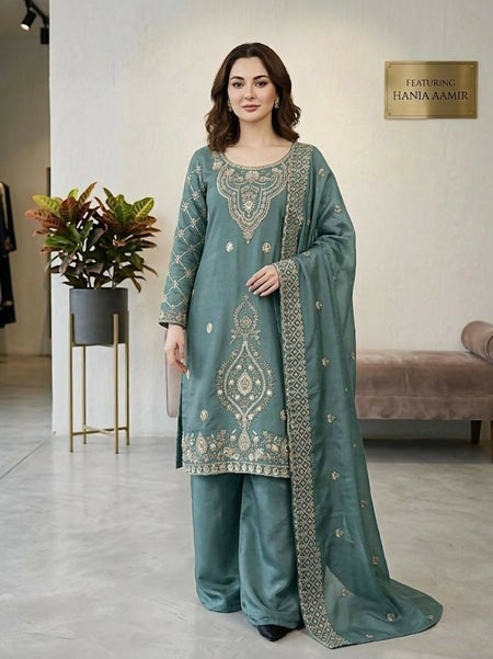 Teeya Creation Teal Color Gimmychu Silk Embroidery Work Wedding Wear Salwar Suit