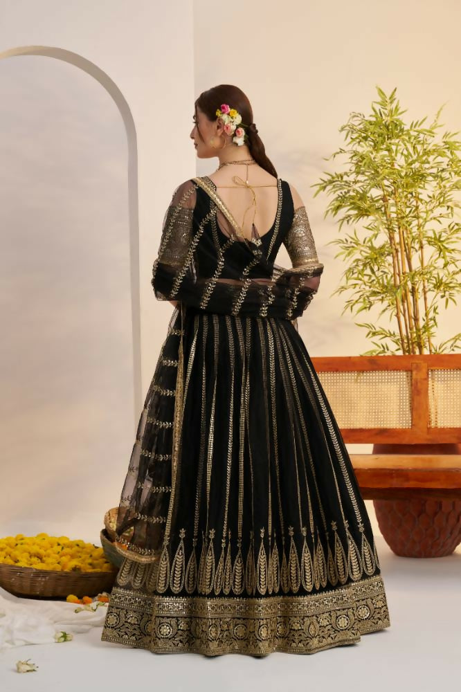 Aastha Fashion Black Butterfly Net Zari Work And Cotton Thread Work And Sequence Work Embroidery Wedding Wear Lehenga Choli