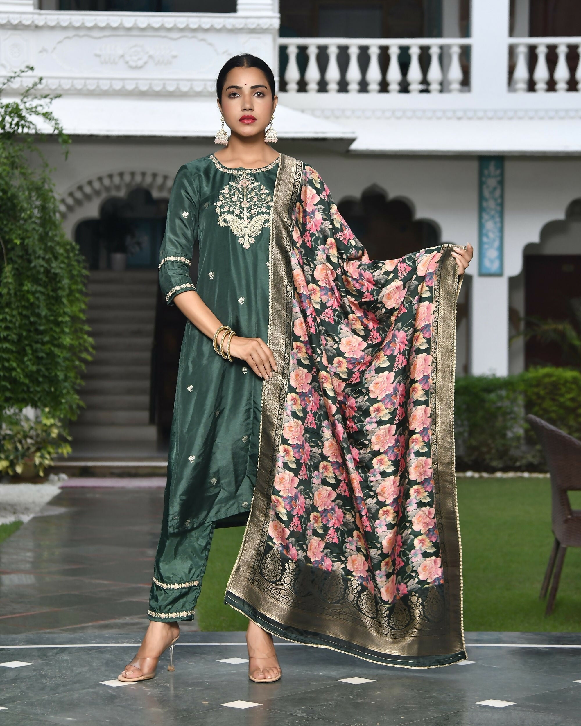 Vaasva Women's Silk Emboidered Solid Pant Set & Digital Printed Dupatta
