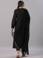 Juniper Women's Black Cotton Dobby Solid With Embroidery Flared Kurta Sets - Distacart