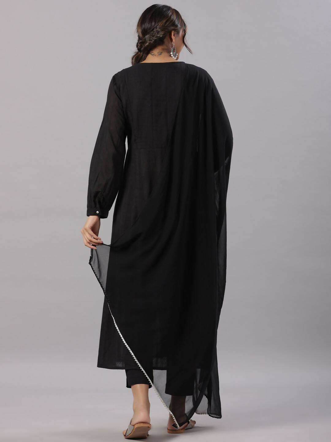 Juniper Women's Black Cotton Dobby Solid With Embroidery Flared Kurta Sets - Distacart