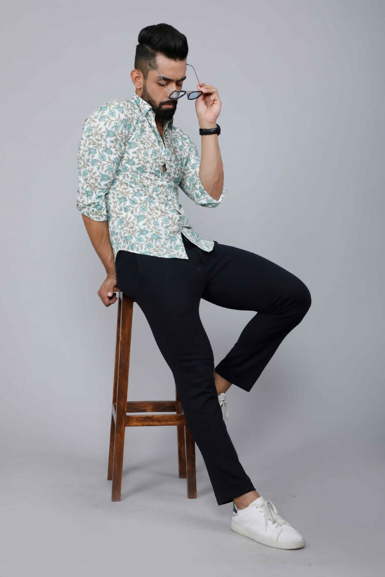 Miravan Men's Spread Collar White & Green Floral Print Slim Fit Shirt