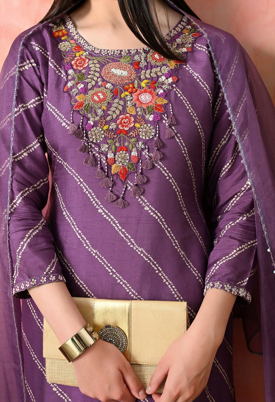 Joban Fashion Mauve Premium Pure Viscose Print Dola With Handwork Kurta Set