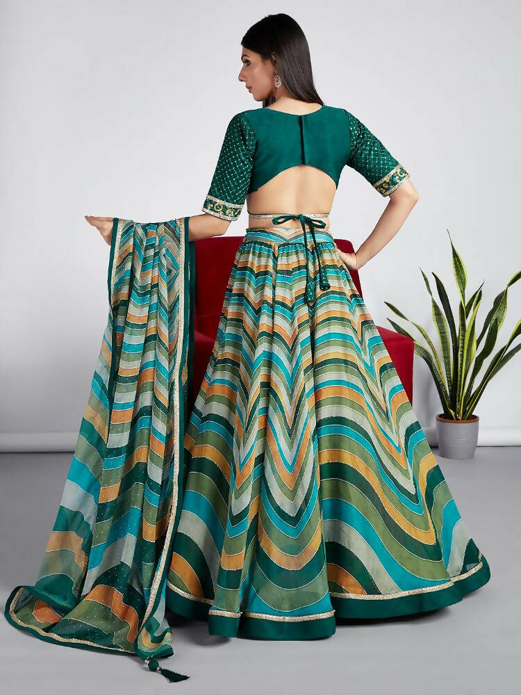 House of Panchhi Green Organza Siroski Stone Work Leheriya Print Lehenga Choli & Dupatta
