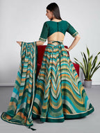 House of Panchhi Green Organza Siroski Stone Work Leheriya Print Lehenga Choli & Dupatta