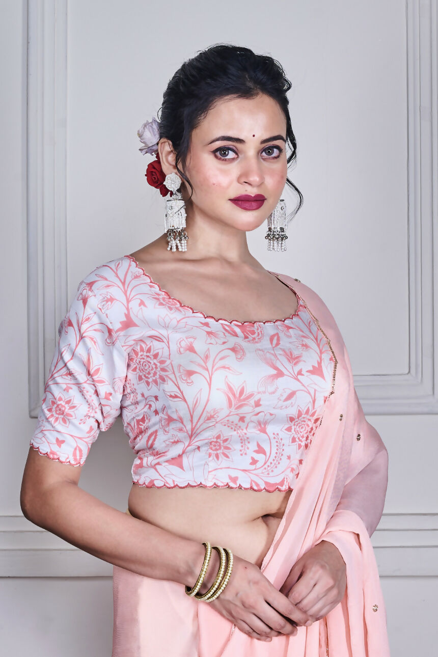 Morchari Peach Chiffon Hand Embroidery Saree And Stitched Blouse - Distacart