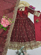 Teeya Creation Maroon Fendi Silk Designer Heavy Work Wedding Wear Long Gown