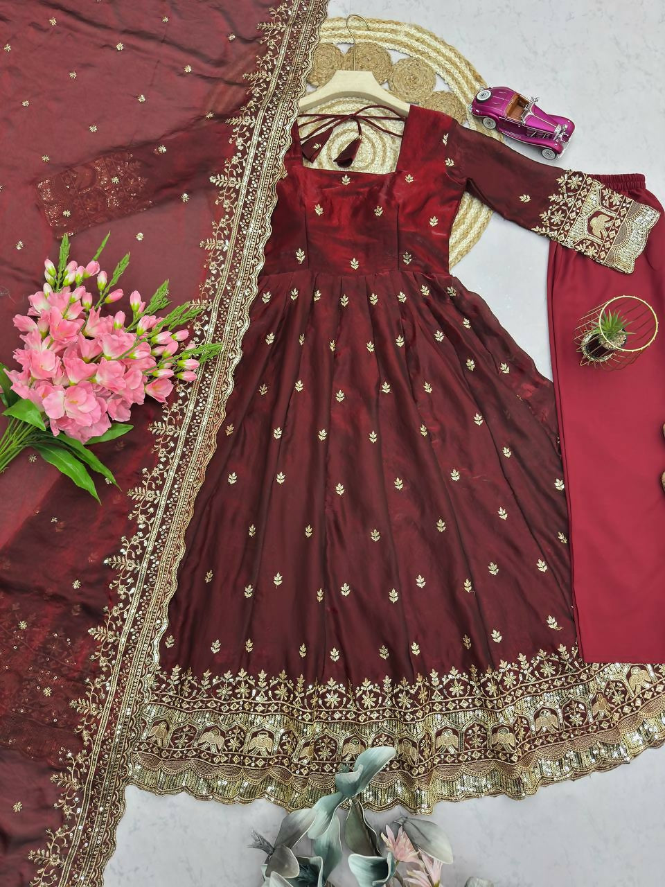 Teeya Creation Maroon Fendi Silk Designer Heavy Work Wedding Wear Long Gown