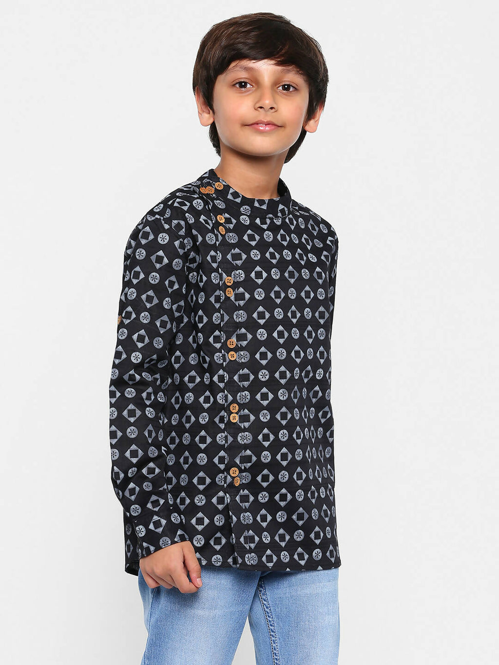 Manet Ethnic Full Sleeves Circle Printed Shirt - Black