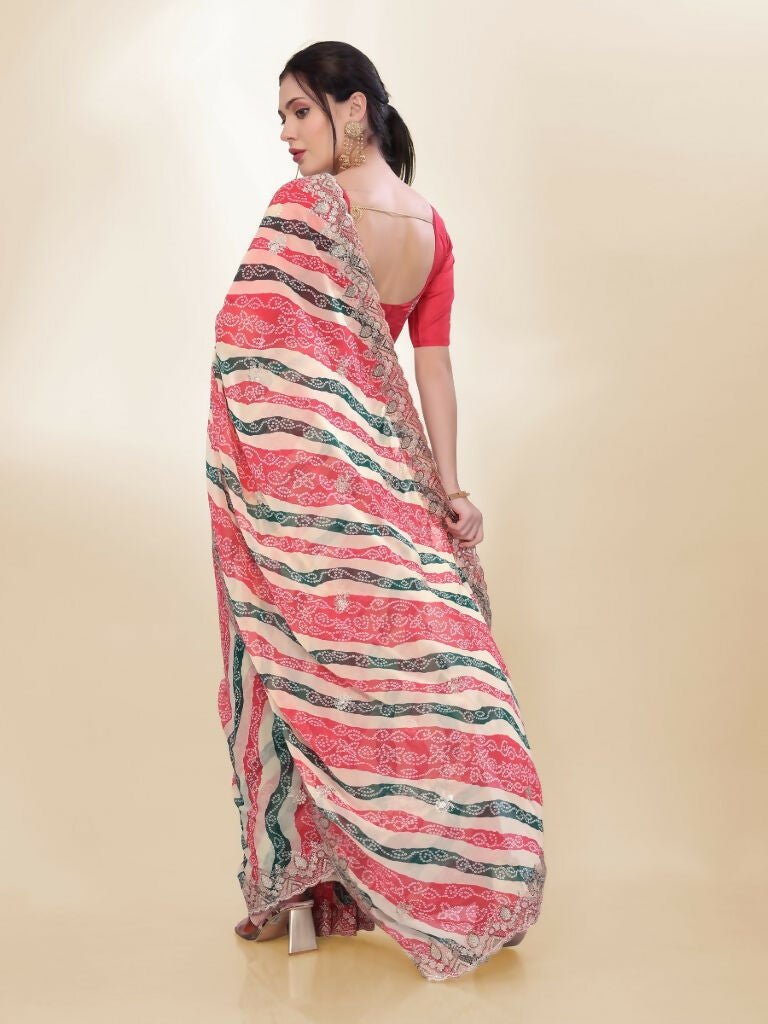 Off White Georgette Bandhani Printed,Embroidery Work Saree - Bandhan