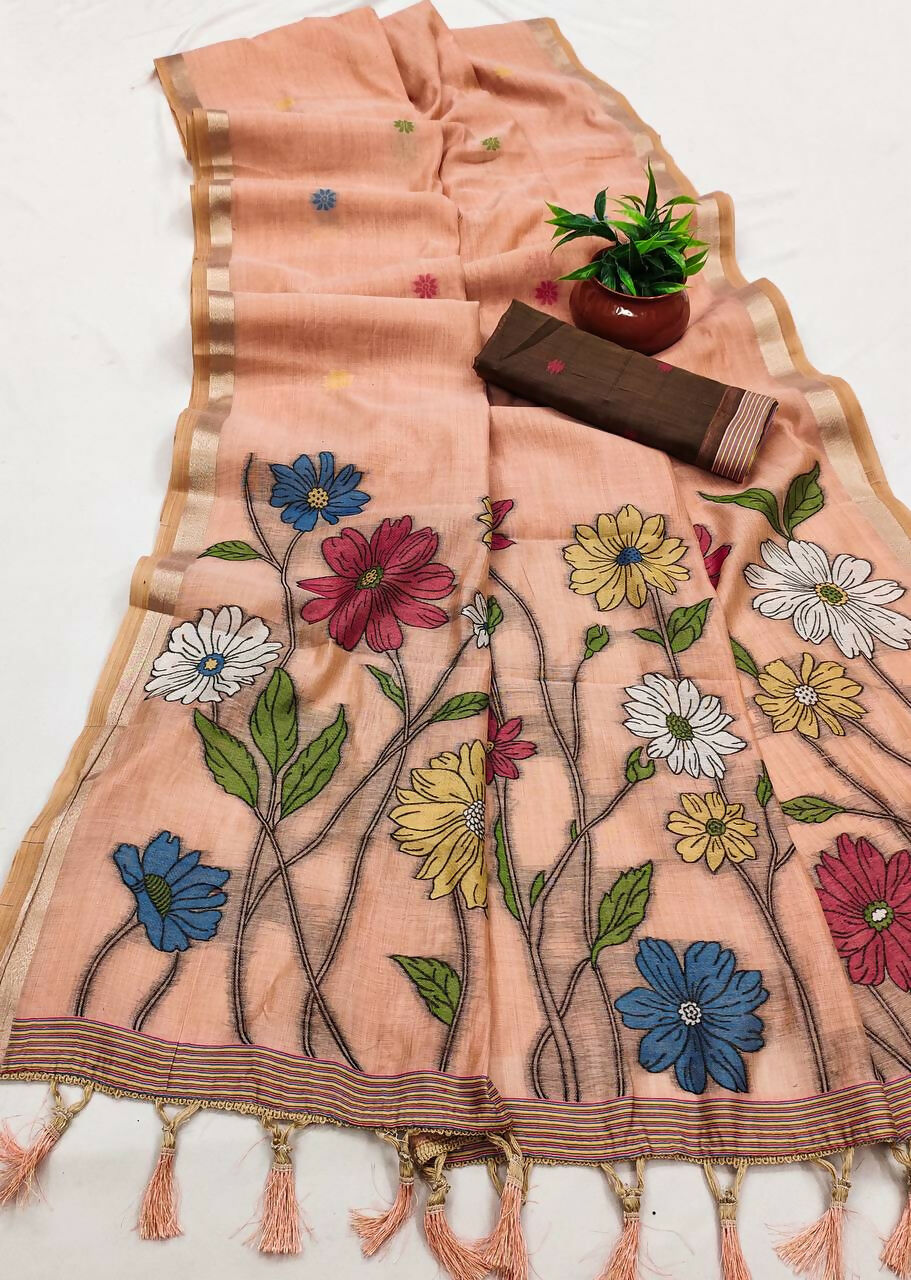 Vastranavya Peach Muga Cotton Meenakari & Azarakh Pallu Saree with Contrast Blouse - Distacart