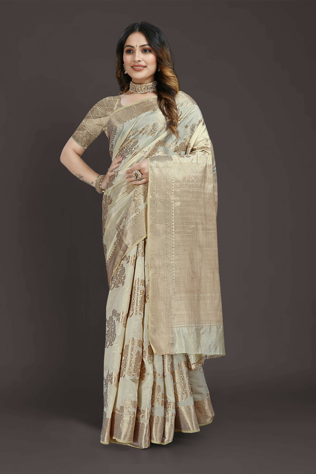 Off White Pure Raw Silk Zari Woven Saree with Unstitched Blouse Piece - Alisha