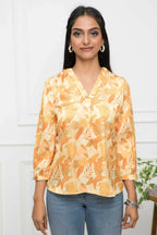 Myshka Women Floral V-Neck Regular Sleeves Polyester Mustard Top - Distacart