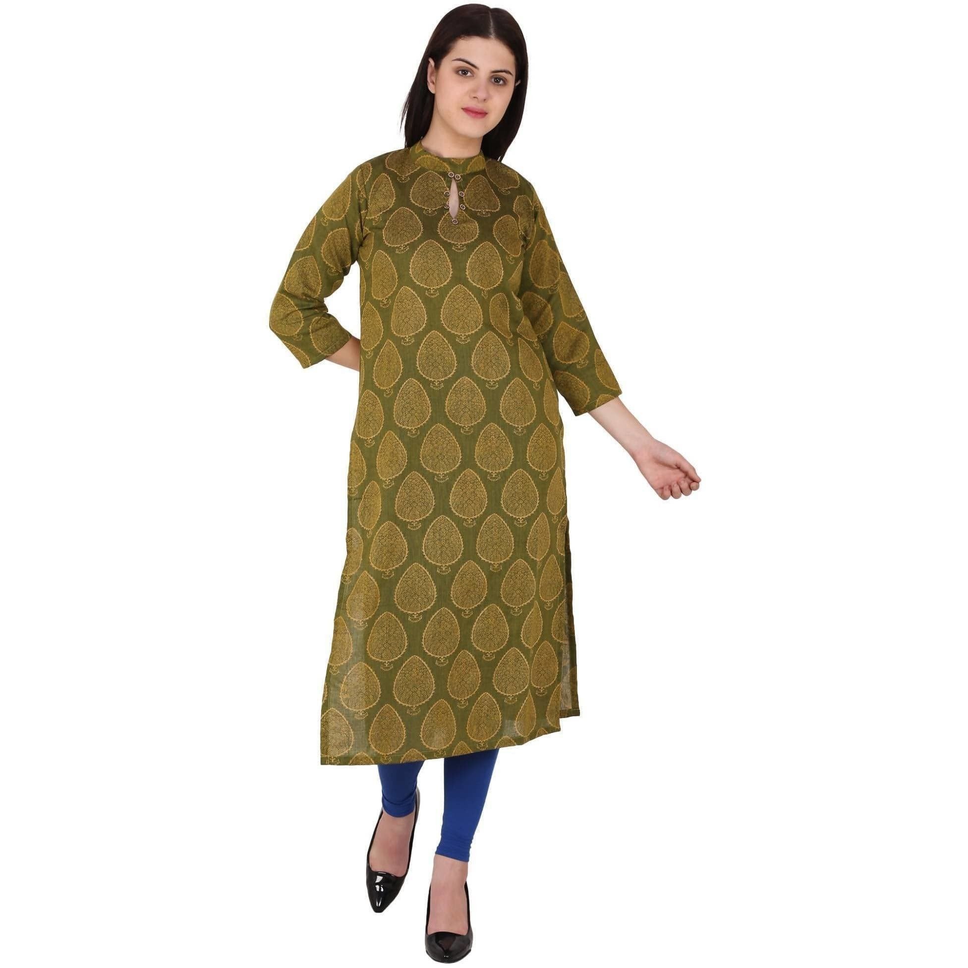 Kanoor Women's Dark Green Cotton Straight Kurti