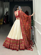Lorenvalley Offwhite and Red Tussar Silk Patola Print Lehenga Choli