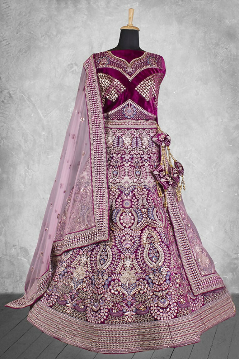 Lavendar & Wine Hand work Semi Stitched Lehenga Choli with Dupatta - Nimaya Lagnotsav