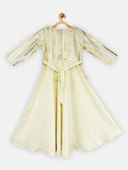 Ahalyaa Cream Crepe Gold Foil Printed Kids Kurta with Jacket For Girls