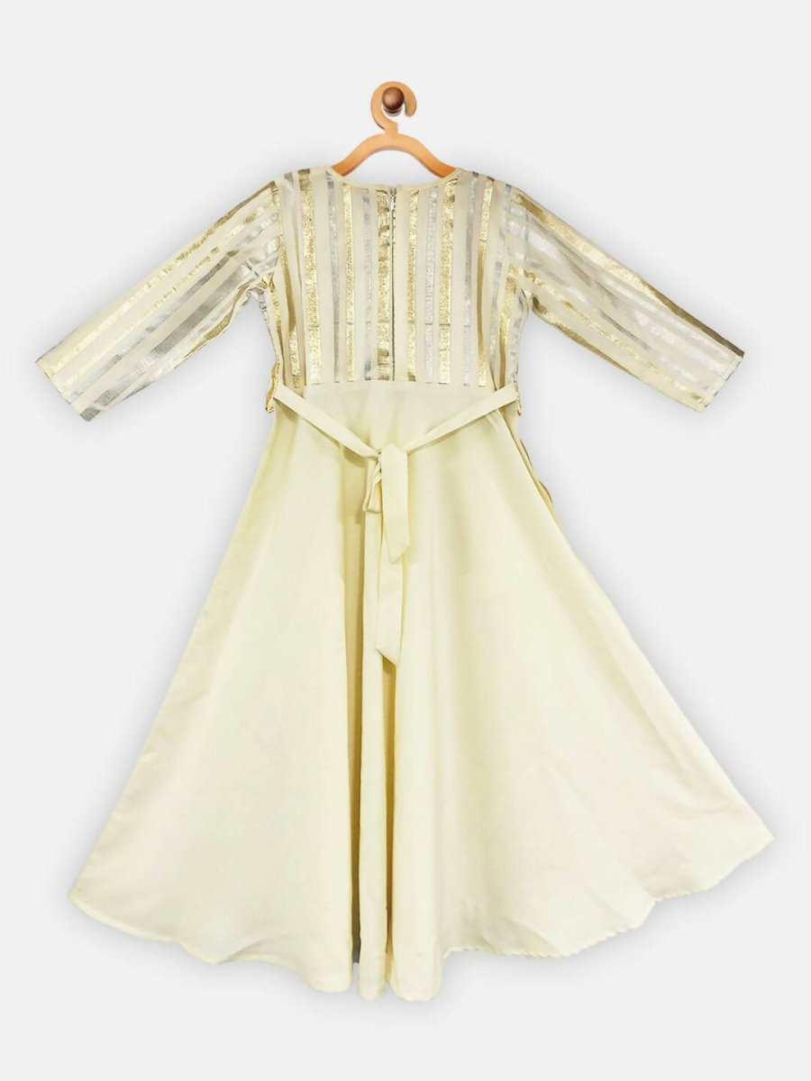 Ahalyaa Cream Crepe Gold Foil Printed Kids Kurta with Jacket For Girls