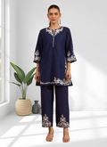 Joban Fashion Navy Blue Cotton, Linen Embroidered Readymade Cord Set - Distacart