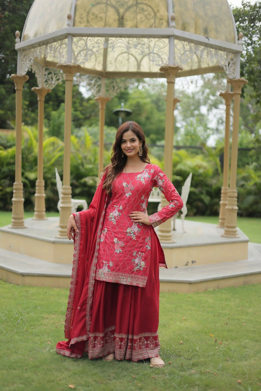 Vastranavya Premium Designer Printed With Sequins & Thread Embroidered work Kurti Palazzo & Dupatta - Red