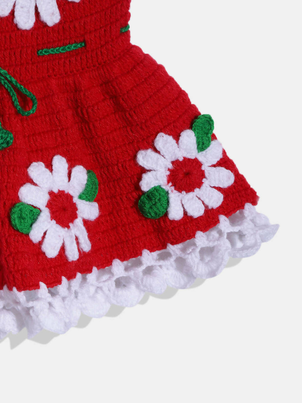 Chutput Kids Woollen Hand Knitted Short Sleeves Flower Detail Dress For Baby Girls - Red