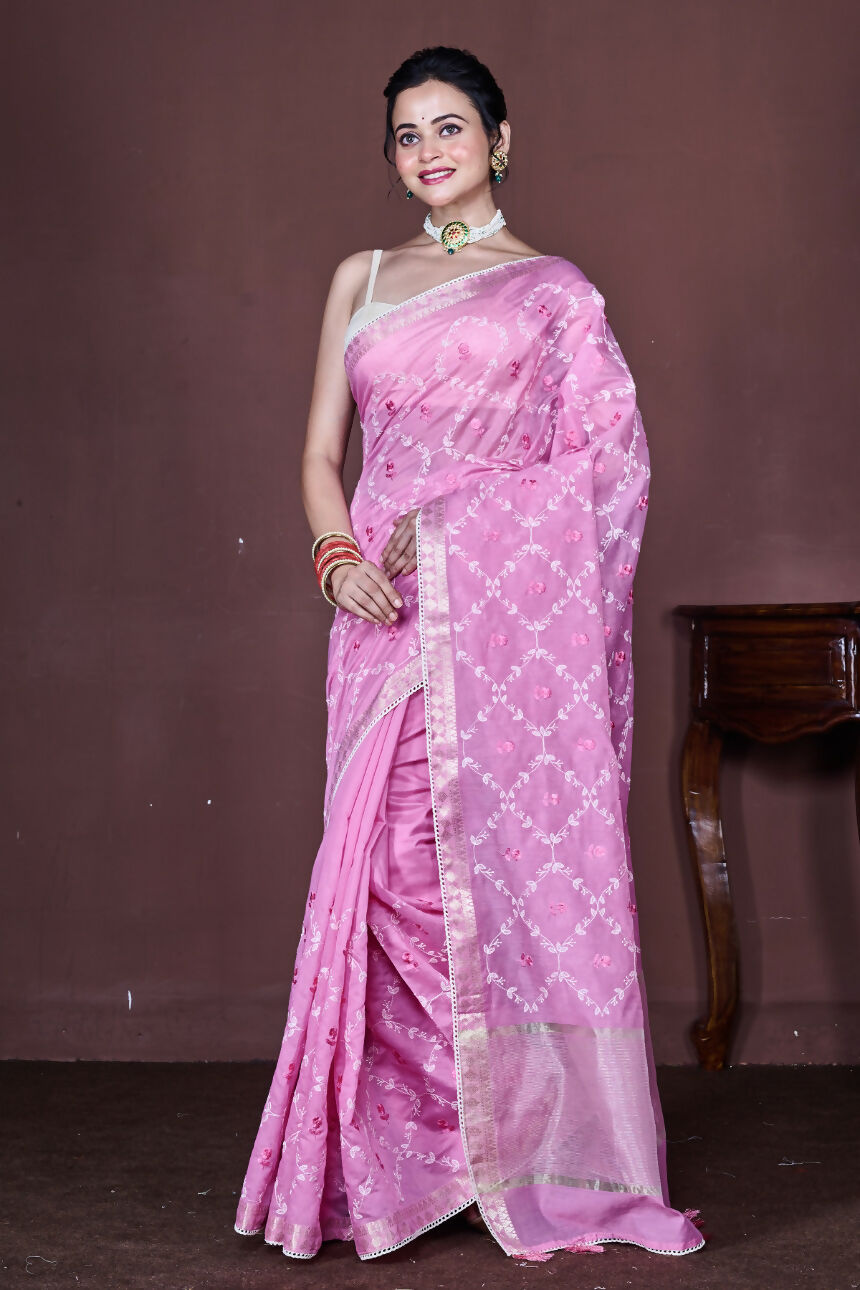 Morchari Pink Cotton Chanderi Embroidery Saree Unstitched Blouse - Distacart