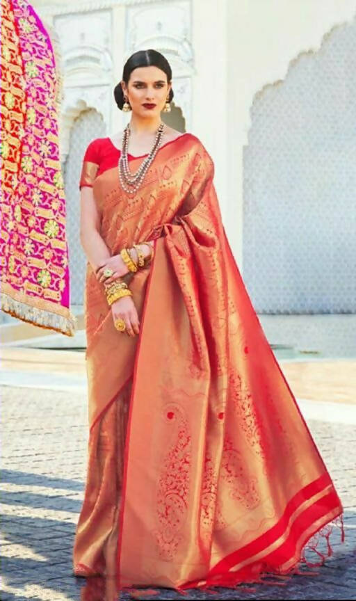 DEIANA'S Beautiful Designer Golden zari Soft Lichi Silk Saree - Red