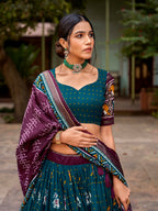 Vastranavya Patola Printed and Foil Work Tussar Silk Lehenga with Unstitched Blouse - Teal