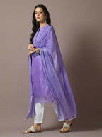 Myshka Women's Lavender Printed Kota Straight Party Kurta Set With Dupatta