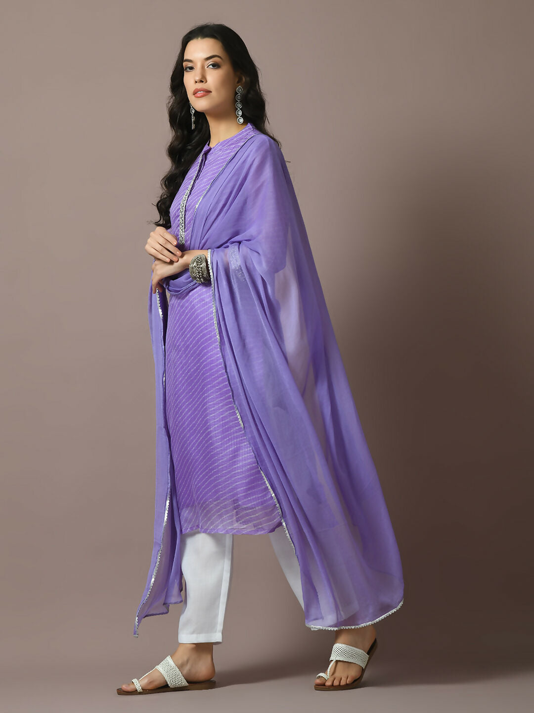 Myshka Women's Lavender Printed Kota Straight Party Kurta Set With Dupatta